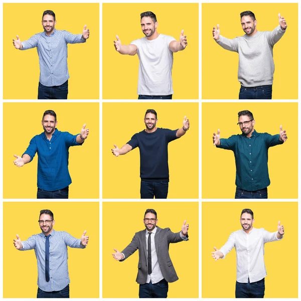 Collage Handsome Man Yellow Isolated Background Looking Camera Smiling Open — Stock Photo, Image