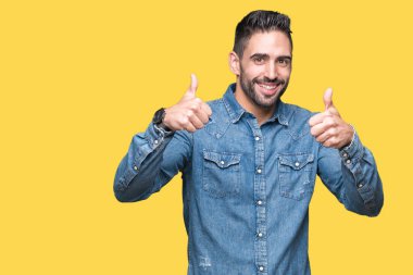 Yakışıklı delikanlı izole arka plan başarı işareti el ile pozitif jest yapıyor üzerinde başparmak gülümseyen ve mutlu. Neşeli bir ifadeyle, kazanan jest kameraya bakıyor.