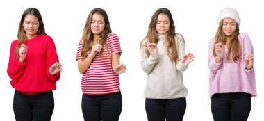 Kolaj izole arka plan güzel genç kadın bir tiksinti ifadesi, memnun ve korkulu tiksinti yüz yapıyorsun çünkü nefret tepki. Elleriyle kaldırdı. Sinir bozucu kavramı.