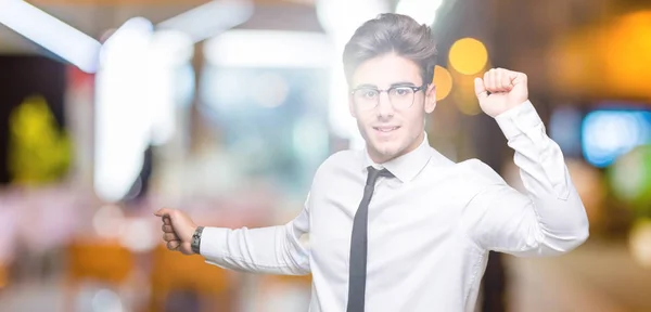 Ung Affärsman Bära Glasögon Över Isolerade Bakgrund Dancing Lycklig Och — Stockfoto