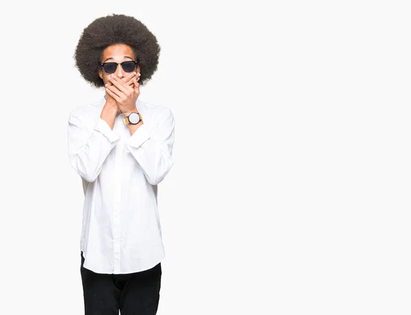 Young African American Man Afro Hair Wearing Sunglasses Shocked Covering — Stock Photo, Image