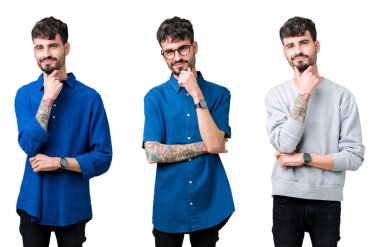 Kolaj emin çapraz kollar ve çeneme kaldırdı el ile gülümseme ile kameraya bakarak izole arka plan üzerinde genç adam. Pozitif düşünce.