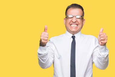 Orta yaş bussines Arap adam gözlüklü izole arka kolları olan başarı için heyecan üzerinde zafer kutluyor gülümseyen kaldırdı. Kazanan kavramı.