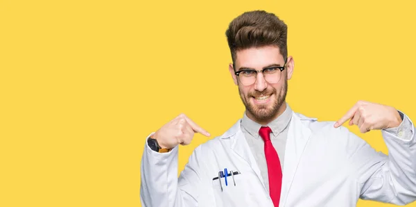 Young Handsome Scientist Man Wearing Glasses Looking Confident Smile Face — Stock Photo, Image