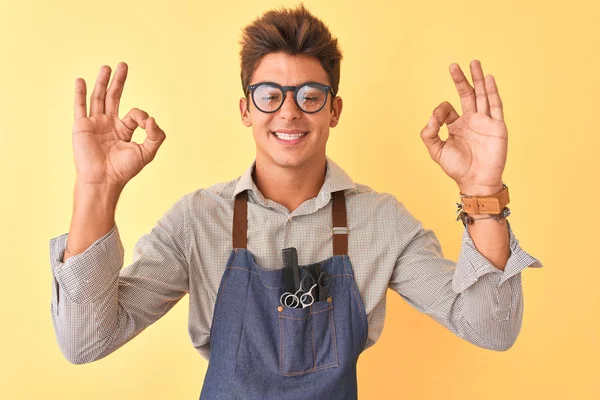 Young Handsome Hairdresser Man Wearing Apron Glasses Isolated Yellow Background — Stock Photo, Image