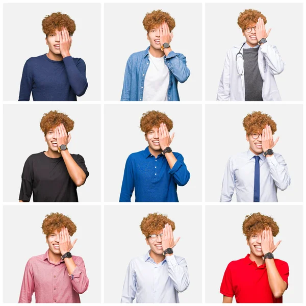 Collage Young Man Wearing Different Looks Isolated White Background Covering — Stock Photo, Image