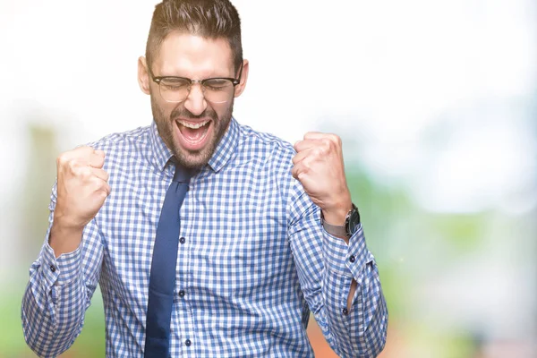 Jonge Zakenman Bril Geïsoleerde Achtergrond Erg Blij Opgewonden Doet Winnaar — Stockfoto