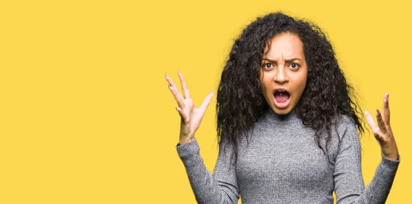 Young Beautiful Girl Curly Hair Crazy Mad Shouting Yelling Aggressive — Stock Photo, Image