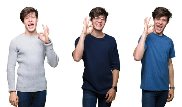 Collage Hombre Joven Sobre Fondo Blanco Aislado Sonriendo Positiva Haciendo — Foto de Stock