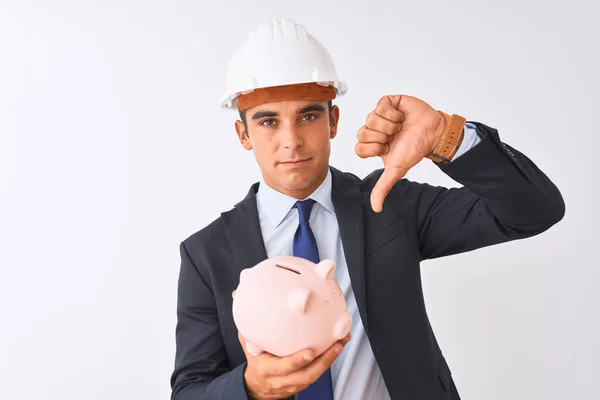 Handsome Architect Man Wearing Helmet Holding Piggy Bank Isolated White — Stock Photo, Image