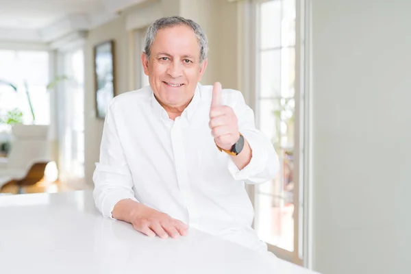 Handsome Senior Man Home Doing Happy Thumbs Gesture Hand Approving — Stock Photo, Image