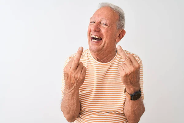 Senior Gråhårig Man Klädd Randig Shirt Stående Över Isolerad Vit — Stockfoto
