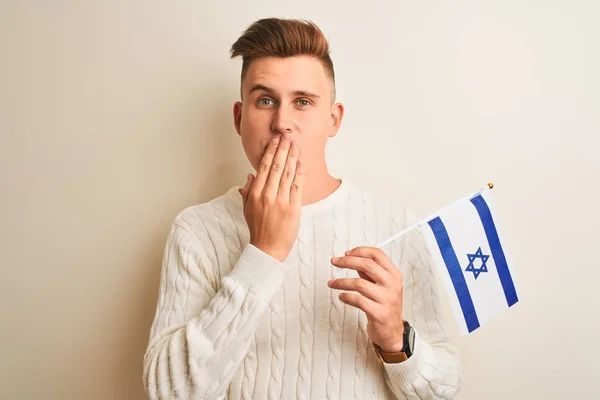 Jovem Homem Bonito Segurando Israel Bandeira Israelense Sobre Isolado Branco — Fotografia de Stock