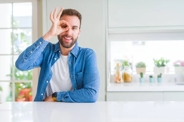 Handsome Man Home Doing Gesture Hand Smiling Eye Looking Fingers — Stock Photo, Image