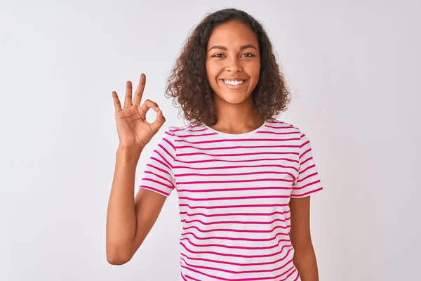 Young Brazilian Woman Wearing Pink Striped Shirt Standing Isolated White — Stock Photo, Image