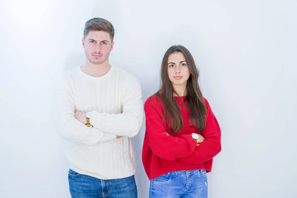 Belo Jovem Casal Sobre Fundo Isolado Branco Cético Nervoso Desaprovando — Fotografia de Stock