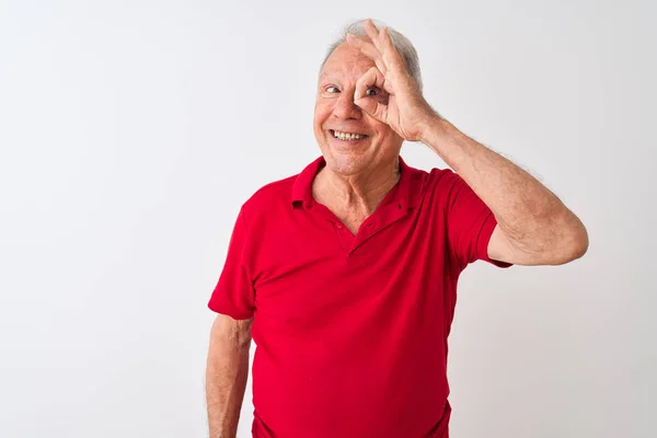 Senior Grey Haired Man Klädd Röd Polo Stående Över Isolerad — Stockfoto