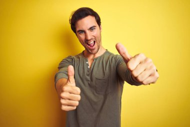 İzole edilmiş sarı arka planda dikilen sıradan tişört giyen genç yakışıklı el hareketini onaylıyor, gülümsüyor ve başarı için mutlu. Kazanan jest.