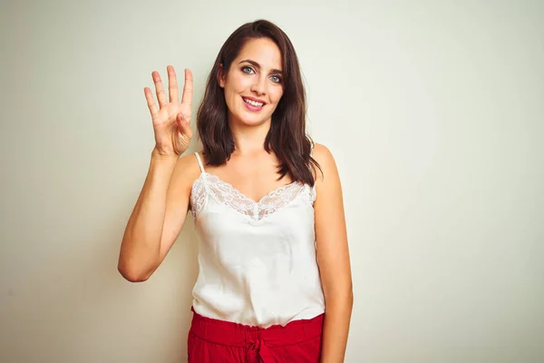 Jonge Mooie Vrouw Dragen Shirt Staande Witte Geïsoleerde Achtergrond Tonen — Stockfoto