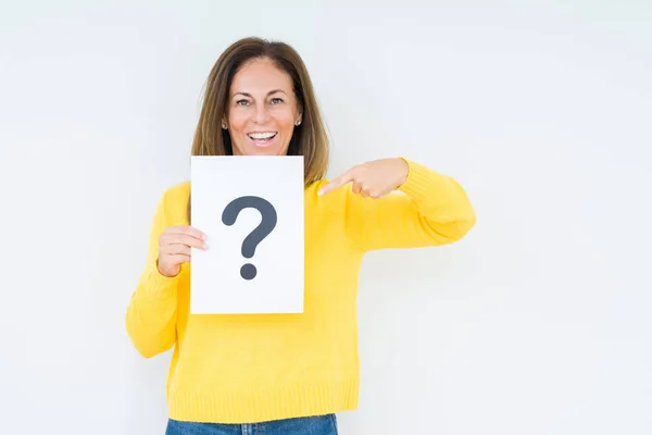Middle Age Woman Thinking Holding Paper Question Mark Symbol Isolated — Stock Photo, Image