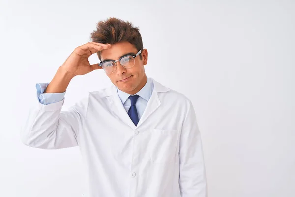 Young Handsome Sciencist Man Wearing Glasses Coat Isolated White Background — Stock Photo, Image