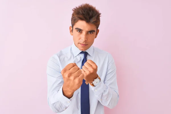 Young Handsome Businessman Wearing Shirt Tie Standing Isolated Pink Background — Stock Photo, Image