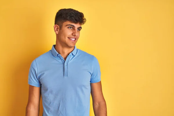 Young Indian Man Wearing Blue Polo Standing Isolated Yellow Background — Stock Photo, Image