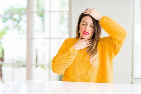 Young Beautiful Woman Wearing Winter Sweater Home Touching Forehead Illness — Stock Photo, Image