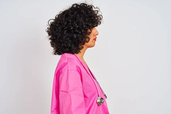 Young Arab Doctor Woman Curly Hair Wearing Stethoscope Isolated White — Stock Photo, Image