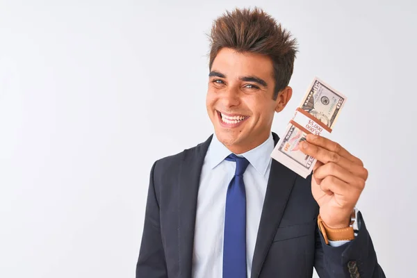 Young Handsome Businessman Wearing Suit Holding Dollars Isolated White Background — Stock Photo, Image