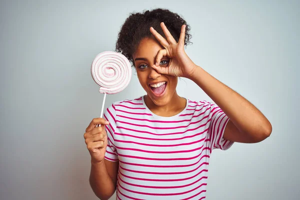 African American Teenager Woman Eating Colorful Candy Isolated White Background — Stock Photo, Image