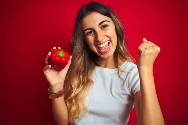 Joven Hermosa Mujer Sosteniendo Pimienta Sobre Fondo Rojo Aislado Gritando — Foto de Stock