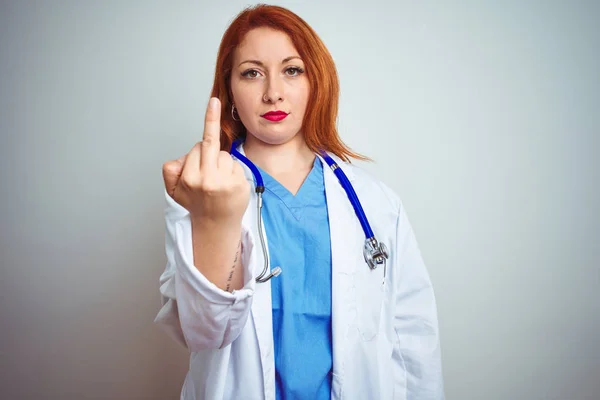 Young Redhead Doctor Woman Using Stethoscope White Isolated Background Showing — Φωτογραφία Αρχείου