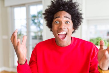 Afro-Amerikan adam rahat kırmızı sweatshirt giyen deli kutluyor ve kollarını kaldırdı ve açık gözleri heyecan çığlık ile başarı için hayran. Kazanan kavramı