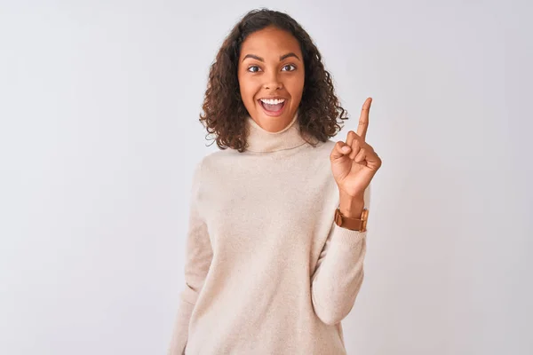 Young Brazilian Woman Wearing Turtleneck Sweater Standing Isolated White Background — Stock Photo, Image