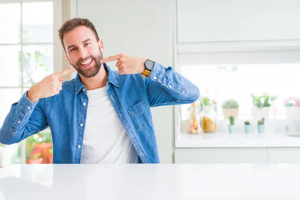 Handsome Man Home Smiling Confident Showing Pointing Fingers Teeth Mouth — Stock Photo, Image