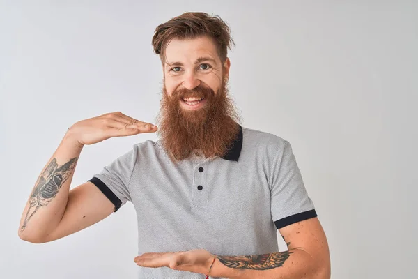 Jonge Redhead Ierse Man Dragen Grijze Polo Staande Geïsoleerde Witte — Stockfoto