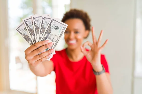 Young African American Woman Holding Bank Notes Fifty Dollars Doing — Stock Photo, Image
