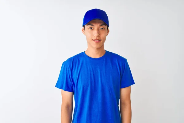 Chinese Deliveryman Wearing Blue Shirt Cap Standing Isolated White Background — Stock Photo, Image
