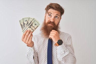 Genç kızıl İrlandalı işadamı izole beyaz arka plan üzerinde duran dolar tutan ciddi yüz soru hakkında düşünme, çok karışık bir fikir