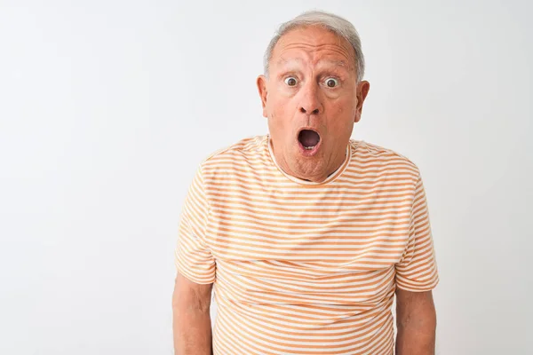 Senior Grey Haired Man Klädd Randig Shirt Stående Över Isolerad — Stockfoto