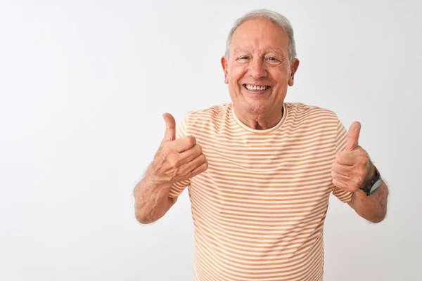Ein Älterer Grauhaariger Mann Mit Gestreiftem Shirt Steht Vor Einem — Stockfoto