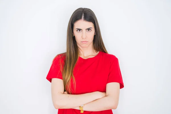 Jonge Mooie Vrouw Het Dragen Van Casual Rode Shirt Witte — Stockfoto