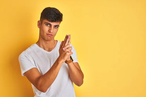 Young Indian Man Wearing White Shirt Standing Isolated Yellow Background — Stock Photo, Image