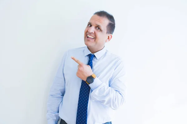 Middle Age Business Man Smiling Pointing Side White Background — Stock Photo, Image
