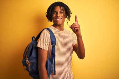 Izole sarı arka plan üzerinde sırt çantası giyen dreadlocks ile Afro Amerikan öğrenci adam mutlu yüz, bir numaralı ile bir fikir veya soru işaret parmağı ile şaşırttı