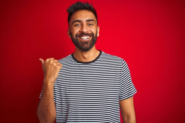 Young Handsome Indian Man Wearing Navy Striped Shirt Isolated Red — Stock Photo, Image