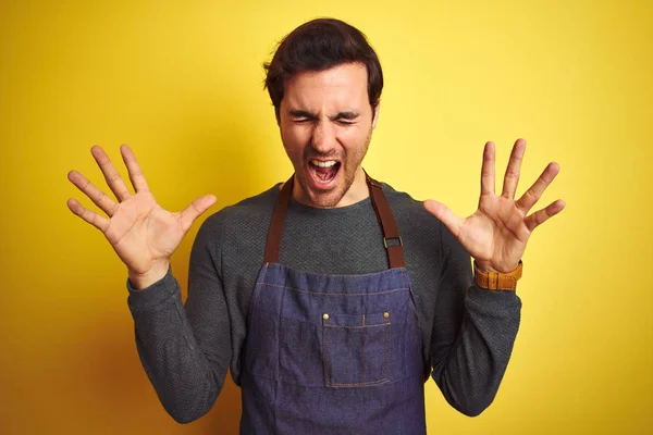 Young Handsome Shopkeeper Man Wearing Apron Standing Isolated Yellow Background — Stock Photo, Image