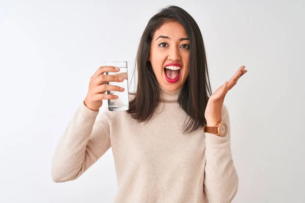 Young Beautiful Chinese Woman Holding Glass Water Standing Isolated White — Stock Photo, Image