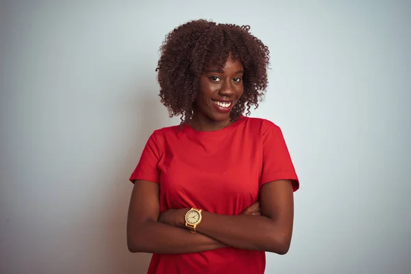 Ung Afrikansk Afro Kvinna Klädd Röd Shirt Över Isolerad Vit — Stockfoto